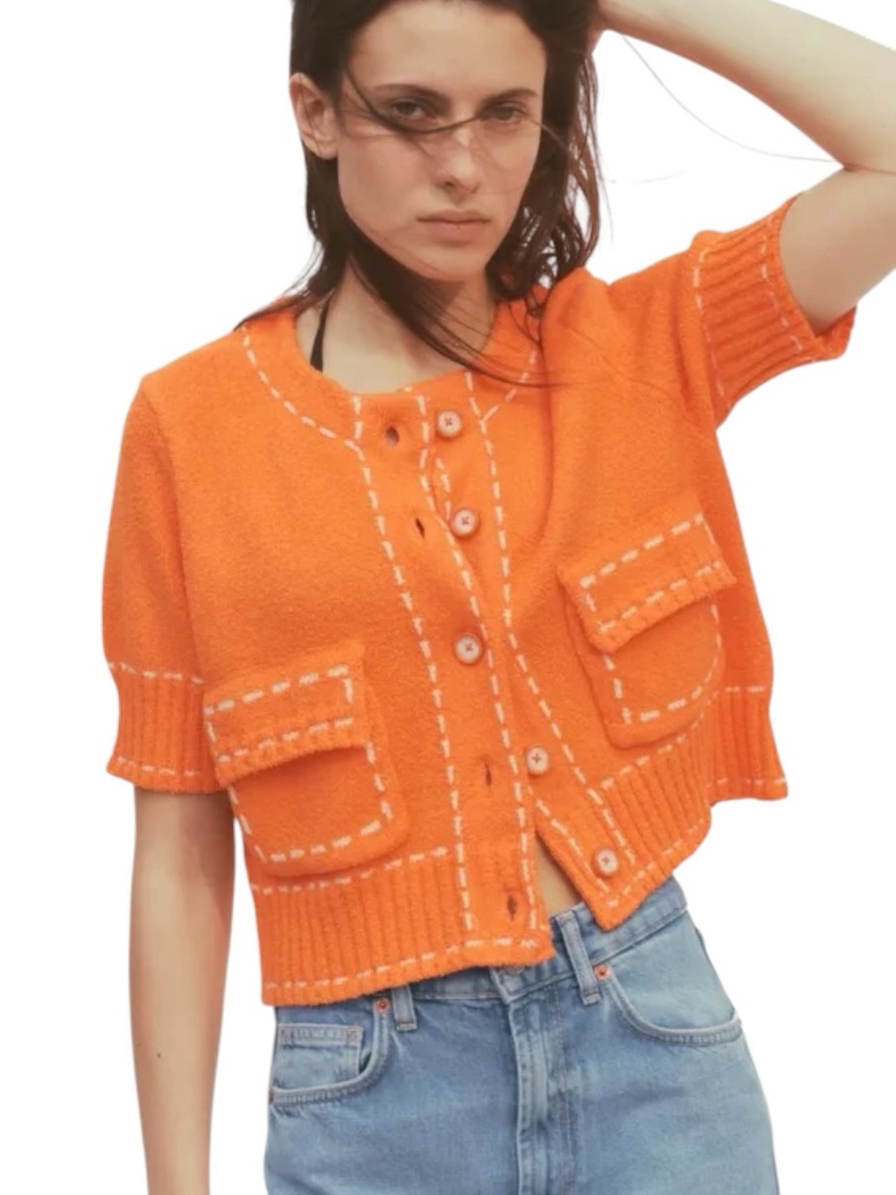 LN Zara Orange White Stitched Button Front Short Sleeve Cropoed Knit Cardigan  L